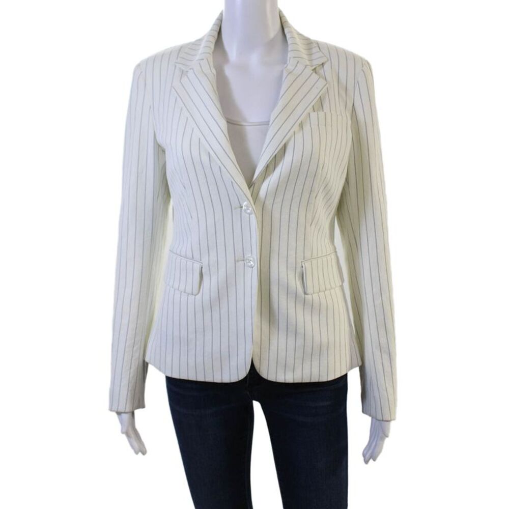 Jenne Maag Women White Striped Collared Button Blazer Long Sleeve Size S
